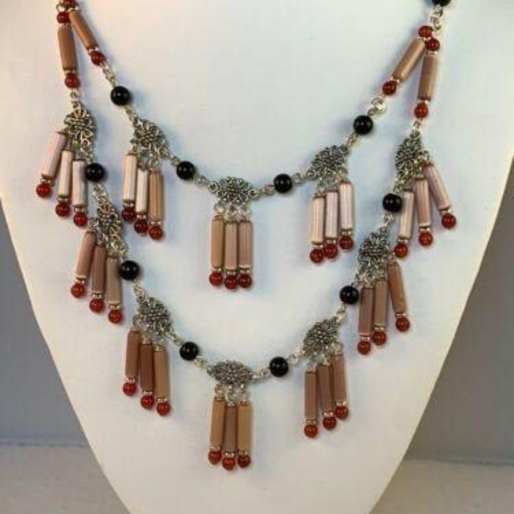 Double Strand Silver Tone Chandelier Beaded Bib Necklace (NA120)